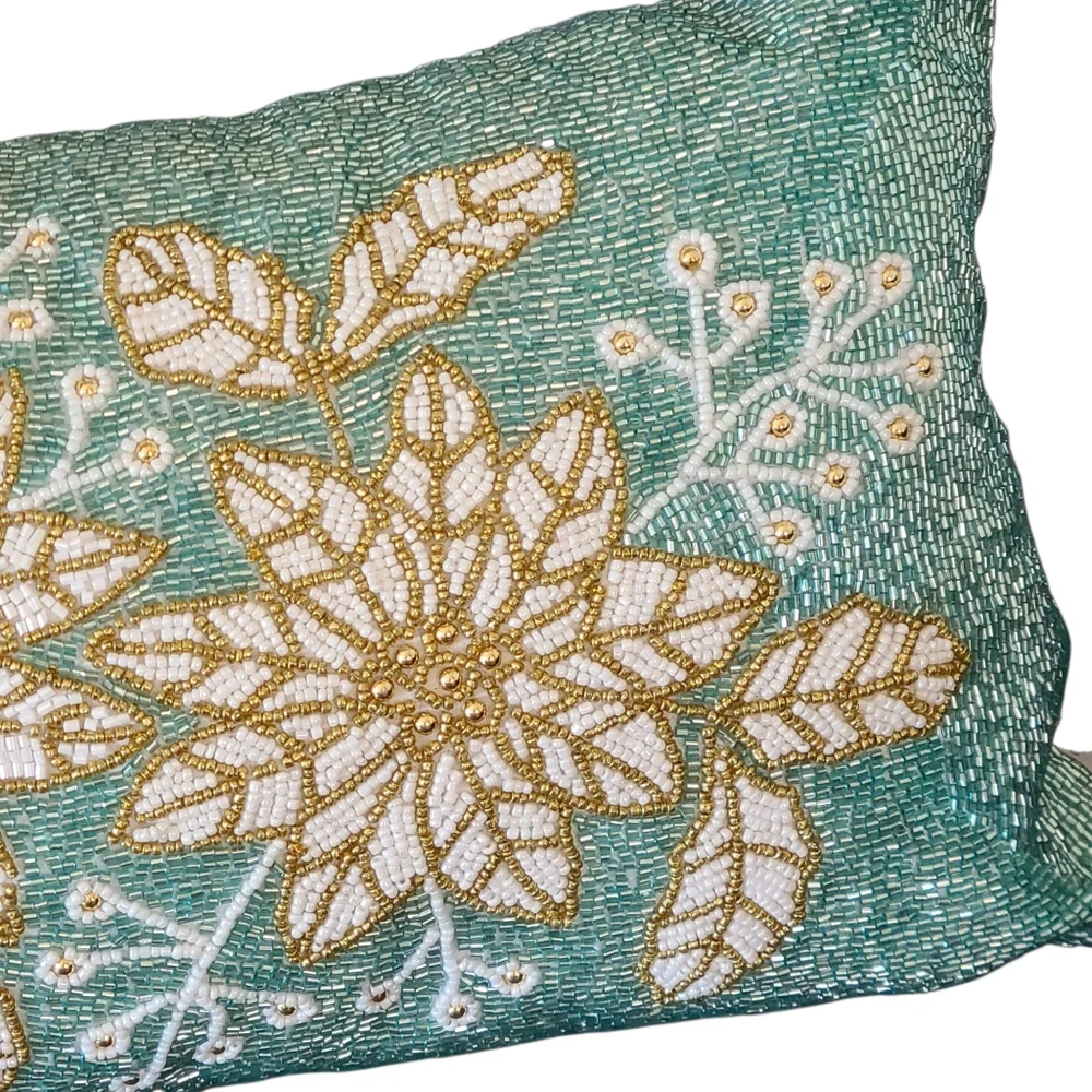Holiday Floral Beaded Pillow - Teal and Gold Festive Home Gift Modern